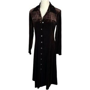Vtg Coldwater Creek Full Button Velvet Shirt Midi Dress‎ Sz 6P Chocolate Brown